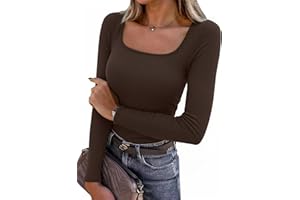 Aottori Camiseta Manga Larga Mujer Básica Tops Cuello Cuadrado Camisetas Shirt Elegante de Punto Ajustado Elástico Liso Casual Blusa Túnica