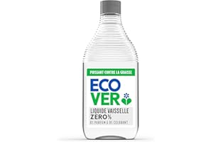 Ecover Liquide Vaisselle Zero, Élimine la Graisse et la Saleté, Ingrédients d'Origine Naturelle, 0% De Parfum et Colorant, Bouteille de 450ml