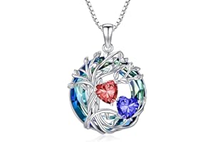 TOUPOP s925 Sterling Silber Familie Baum des Lebens Anhänger Halsketten mit 2 Herz Geburtsstein mit Kristall Kette Schmuck Geburtstag Weihnachten Geschenke für Frauen Sie