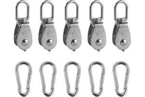 JRSHIRLEYLTD 5 poleas de inversión de acero inoxidable con 5 mosquetones de hebilla de resorte, polea para cuerdas, toldos, fitness, cabrestante (plata)