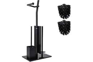 SMARTPEAS WC-Garnitur Mit Rollenhalter - Schwarz – Toilettenpapierhalter Ohne Bohren Aus Gebürstetem Edelstahl – Fuß Aus Glas – 32X20X70 cm – Einfache Montage – 1 und 2 WC Bürste Zum Austauschen