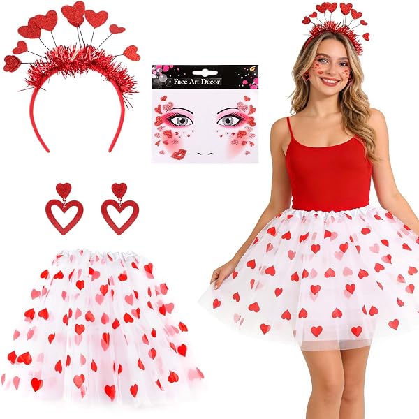 Pack De 3 Diademas Con Forma De Corazón Y Purpurina – Rojo, Incluye Gafas De Corazón Y 10 Tatuajes Faciales De San Valentín – Accesorios Para Disfraz De Cupido