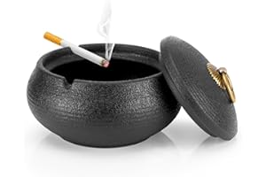 FARNIRVANA Cendrier Exterieur, Cendrier en Céramique avec Couvercles, cendrier Coupe-vent et Anti Odeur pour Intérieur Extérieur, Balcon, Bureau - Noir