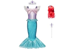 BSBUY Disfraz Sirenita Niña, Vestido Princesa de la Sirena con Peluca Corona y Varita Mágica, Halloween Niña para Carnaval Fiesta Cumpleaños