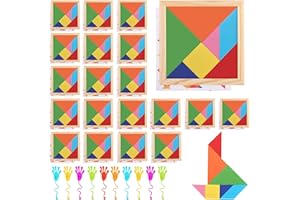 TURIUEBA Tangram Infantil Pack 20 Regalos Cumpleaños Niños Colegio Regalo Invitados Juego + 10 Peizas Manos Pegajosas Adhesivas Juguetes de Madera para Relleno Piñata Detalles Rompecabezas, Incluye Guía