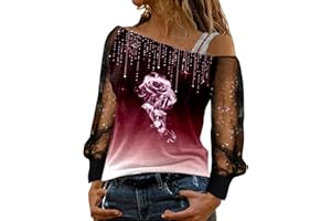 Iuyhau Women Fashion Shiny Sequin Sparkly Tops Printing Sexy Mesh Long Sleeve Off Shoulder Splice T-Shirt Glitter Blouse Party Club Loose Shirt Outwear