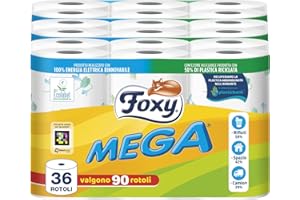 Foxy Mega | Carta igienica 36 rotoli| 480 strappi| Decorata |100% Energia elettrica rinnovabile| Confezione prodotta con plastica riciclata