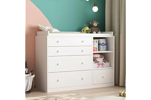 DEZAGCE Fasciatoio, scaffale fasciatoio con 5 cassetti, cassettiera per bambini, cura del bambino, mobili per bambini, fasciatoi per cameretta, camera da letto, bianco, MDF