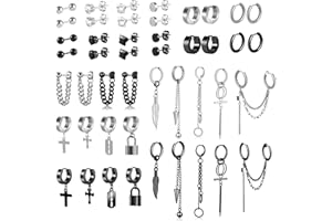 ASH'S CHOICE Boucles a'oreilles en acier homme femme inoxydable, petit ensemble de Boucles d'oreilles créoles noires, boucles d'oreilles à chaîne croisée, piercing oreille (26/46 Pièces)
