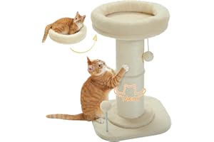 PAWZ Road Katzenkratzbaum, Hoher Kratzbaum für Indoor-Katzen mit Super Dickem Kratzbaum [Dia=14cm], Abnehmbares Flauschiges Katzenbett, Katzenkratzbaum mit Federball, Beige