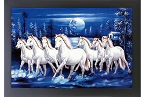 CRAFT QUEST Seven Lucky Running Vastu Horses Art Framed Painting with Acrylic glass (Ocean Blue)