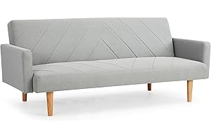 Home Detail 3 Seater Sofa Bed Fabric Chevron Design Wooden Leg Frame Sofabed Clic-Clac (Light Grey)