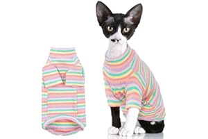 Lelepet Vêtements Chat Sphynx, Pull Doux Coton Stretch pour Chat sans Poils, Rainbow T-Shirts à Rayures, Sweat-Shirt Gilet Deguisement Col Roulé pour Chat pour Sphynx, Cornish Rex, Devon Rex, S
