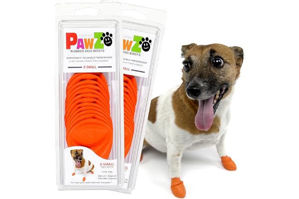 PAWZ Rubber Dog Boots for Small Dogs, 24 Total (2 Packs of 12) - All-Weather, Anti-Slip, Waterproof Dog Socks - X-Small, Orange