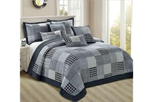 Householdfurnishing 3 Piece Printed Patchwork Bedspread Quilted Bed Throw Comforter with Pillow Shams (Check, Super King)