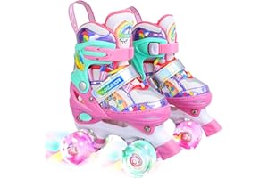 4-PEJIIJAR Patines Unicornio para Niños Patines Roller Quad Ajustables con Ruedas Luminosas para Niñas y Niños Principiantes