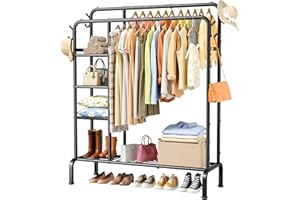 Sakugi Clothes Rail - Double-Rod Clothes Rack with Built-In Hooks & Shelves, Multi-Functional Clothing Rail for Bedroom, Living Room, Entryway, 106 x 39 x 153cm, Black