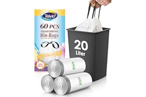Teivio 20 Liter Small Bin Liners with Tie Tap, 60 Counts Strong Drawstring Pedal Bin Bags Fit 15-20L Trash Can, Waste Paper Bin Bags for Home Office Kitchen Bathroom Bedroom, White Toilet Rubbish Bag
