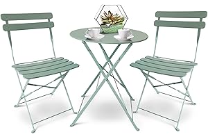 SUNMER Patio Bistro Set 3 Piece with Foldable Table and Chairs - Powder Coated Steel Frame, Easy to Transport, Each Chair can Support 120kg - Ideal for Gardens, Patios, Balconies - Mint