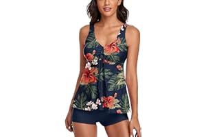 wihnsinop Tankini Damen Bauchweg Badeanzug Push Up Oberteil mit Badeshorts Bademode Set Zweiteiler Sommer Drucken Badeanzüge für Damen Strand Ferien Freizeit