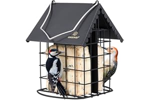 Kingsyard Double Suet Bird Feeder with Weatherproof Roof & Perch, All Metal, Suet Cakes Cage Bird Feeder for Outdoors Hanging, Easy to Clean & Refill, Black