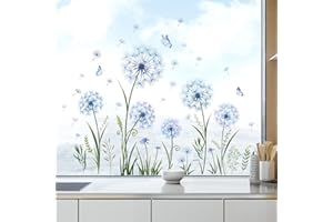 Tanlaby Blue Dandelion Flower Window Clings Dandelion Plants Grass Butterfly Window Decals Double-Sided Static Anti-Collision Summer Autumn Window Stickers for Windows Glass Doors Decoration