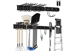 SDLDEER Gartengeräte Halterung, Garagen Wand Management Aufbewahrungsregal, Robuste Edelstahlhalterung mit 9 Haken, Besenhalterung Wand für Brush Mop Besen und Werkzeugaufbewahrung (Schwarz)