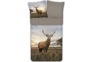 ESPiCO Bettwäsche Trendy Bedding Hirsch Tiermotiv Geweih Sonnenaufgang Rotwild Wildtier, Größe:135 cm x 200 cm