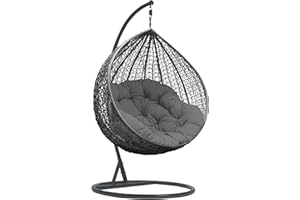Blisswood Rattan Swing Egg Chair Garden Patio Indoor Outdoor Hanging Egg Chair With Cushion & Stand Indoor & Outdoor Egg Chair Upto 160kg Weight Capacity, (Grey Egg Chair & Grey Cushion)