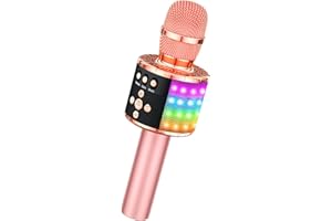 BONAOK Micrófono Bluetooth inalámbrico Karaoke con Luces LED controlables, Altavoz portátil para Karaoke, Regalo de cumpleaños de Fiesta, Juguete de Viaje para Android/iPhone/iPad/PC (Oro Rosa)