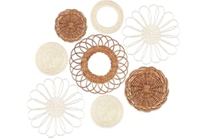 YiYa Set of 8 Boho Wall Decor Wall Hanging Rattan Decor Round Hand Woven Rattan Wall Art Boho Wall Baskets for Living Rooms Farmhouse Living Rooms Nursery