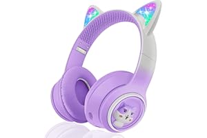 Woukksy Bluetooth Kopfhörer Kinder, Faltbar 85dB Mädchen Kopfhörer Over Ear, Kabellos Kinderkopfhörer mit LED-licht Katzenohren und Mikrofon für Schule/Tablet/Handy/PC (Lila)