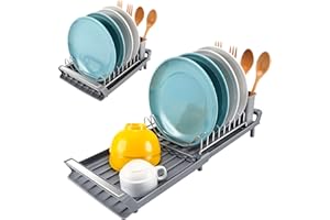 Litimkat Scolapiatti Stoviglie, Scolapiatti Compatto espandibile con Scolaposate in Acciaio Inossidabile, Vassoio Raccogligocce / 28-47 cm (grigio)