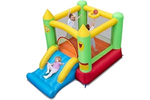 COSTWAY Kids Bouncy Castle, Inflatable Bounce House with Slide, Basketball Hoop, Carrying Bag and Repair Kit, Children Blow Up Jumper for Indoor Outdoor (Smiling Face without Blower)