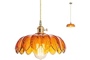 HJXDtech Lampada a Sospensione Industriale Vintage, Paralume in Loto di Vetro, Base E27 Ottone con Interruttore, Regolabile in Altezza Lampadario Sospeso per Cucina & Sala da Pranzo (Ambra)