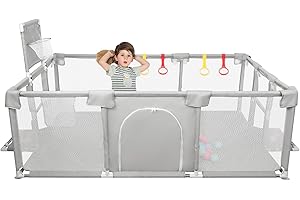 HUOLE Grand Parc avec Grille de Protection,Parc pour Bébé, Modulable, Pliable,Grand parc pour enfant en bas âge,50 Balles,Basketball Rack,Avec 4 Ventouses -180 * 120 * 66cm-Gris clair