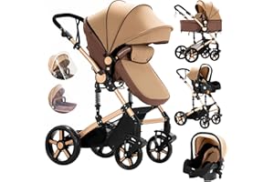 Veitoalioy Poussette 3 en 1, Haute vue Poussette Bebe Pliante, Poussette Poussant Avant Et Arrière En aluminium, Système De Voyage Pour Bébé (588 Khaki)