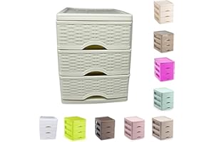PLASTIFIC Plastic Desktop Storage Unit with Drawers, Stationary Arts Drawer Desktop Tabletop Organiser Storage Tower Unit for Office Bedroom Garage ((3 Drawers (17 x 13.5 x 17cm - Beige Rattan))