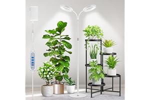 Aumtrly Grow Light - 2 Head White Full Spectrum Light With 68" Adjustable Stand for Large Tall Plants, 168 LED Floor Standing Lamp, 6/12/16H Timer, 5 Dimmable, 3 Modes