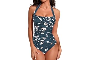 Smismivo Tummy Control Swimwear One Piece Modest Swimming Costume Women Ladies Full Body Vintage Halter Neck Swimsuit Plus Size Push Up Padded Bathing Suit