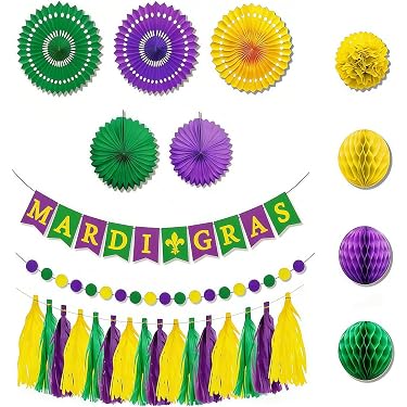 Set Decorativo Mardi Gras 27 Pezzi | Striscione Glitterato, Ventagli E Pompon In Oro, Viola E Verde Per Carnevale