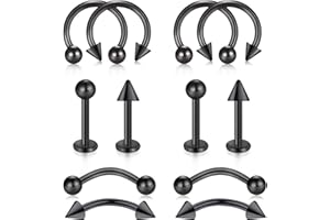 LAURITAMI 12pcs Pendientes Piercing Ceja Tragus Helix Aros Perno 8mm 16G Nariz Helix Acero Inoxidable Rook Curvado Bolas Herradura Labio Labret Piercing Joya