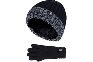 HEAT HOLDERS - Children Boys Winter Warm Fleece Lined Insulated Knit Turn Over Cuff Ribbed Hat and Gloves Set