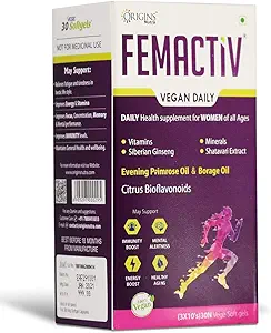 ORIGINS Nutra FEMACTIV - Vegan Daily Health Supplement for women of all Ages | Calcium Free | GLA rich Omegas, Antioxidants Citrus Bioflavonoids, Essential Multivitamins & Minerals with Ginseng & Shatavari extracts | 30 Veg Softgels