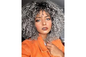 BOCCTE Parrucca grigia riccia per donna sintetica mista con frangia per capelli neri da donna, resistente al calore, lunghezza della spalla, crespa, afro ricci