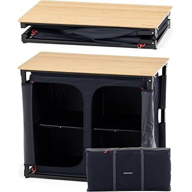 Highlander Campingschrank – 3 Regale, Klappbar, Stahlgestell + Tragetasche – Schwarz