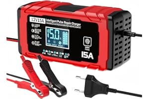 AILRINNI Cargador Baterias Coche 15A - Inteligente Cargador Bateria Moto 12V 15A, Compensación de Temperatura, Apto para Baterías de Plomo-ácido y de Fosfato de Hierro y Litio, Barcos y Motocicletas