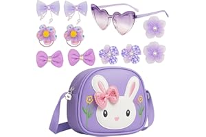 MXHBSTP 12 PCS Girls Handbag Set, Bag for Girls, Purple Rabbit Toddler Crossbody Bag with Glasses and Hair Clips, Kids Bag for Birthday Parties and School Activities