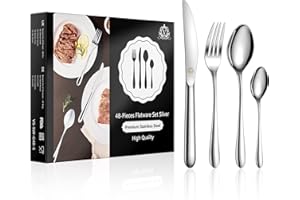 vancasso Service de 48 Couverts, Ménagère pour 12 Personnes, Couverts de Table Acier Inoxydable, Couteau, Fourchette, 2 Cuillères pour la Famille, le Restaurant, Poli Miroir, Bout Rond, Argent