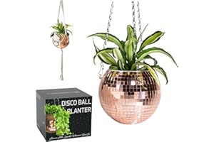 SCANDINORDICA Jardinière Boule Disco – Pot de Fleurs Boule à facettes avec chaîne et Corde en macramé, boule a facette, cadeaux femmes | Décoration d’intérieur – 15 cm Or Rose
